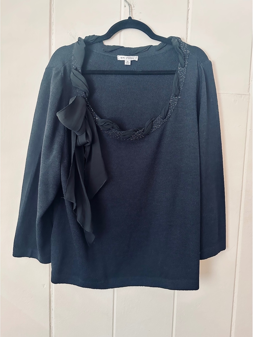 St. John Knit XL Black Evening Blouse Top Beaded Neckline Satin Bow Vintage Y2K